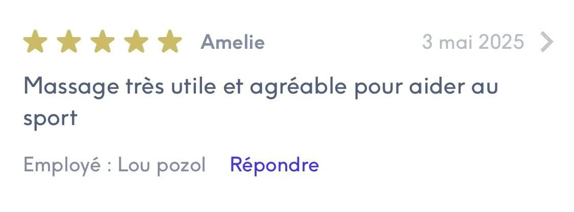 Avis 5 étoiles d’Amelie sur Treatwell, massage récupération avec Lou Pozol