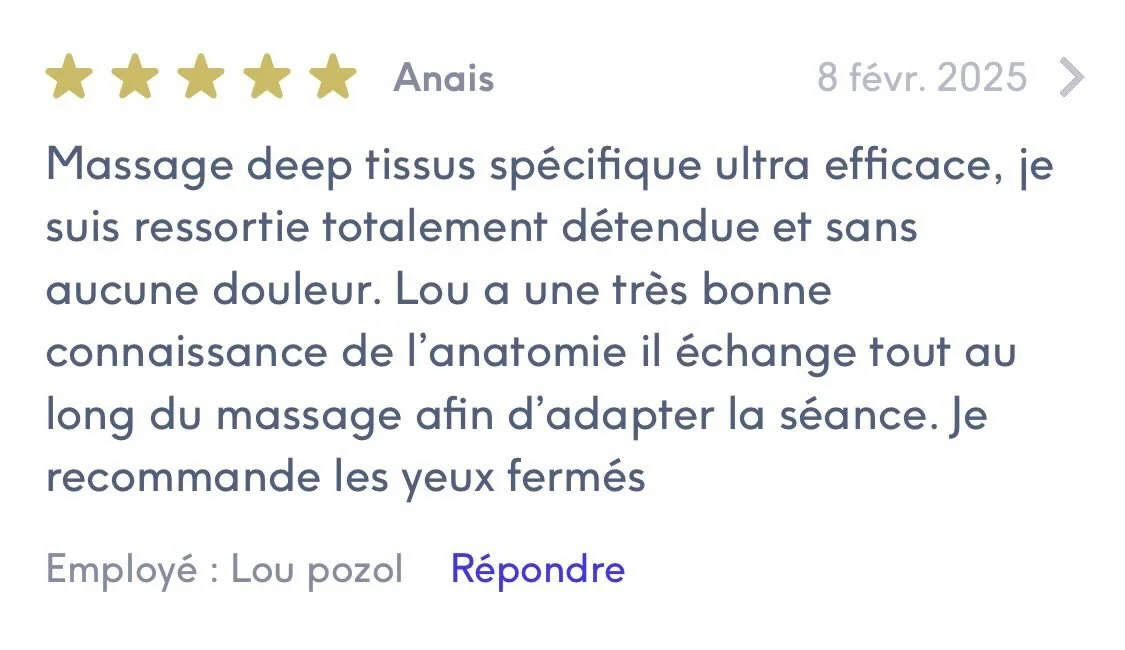 Avis 5 étoiles d’Anaïs sur Treatwell, massage deep tissue avec Lou Pozol