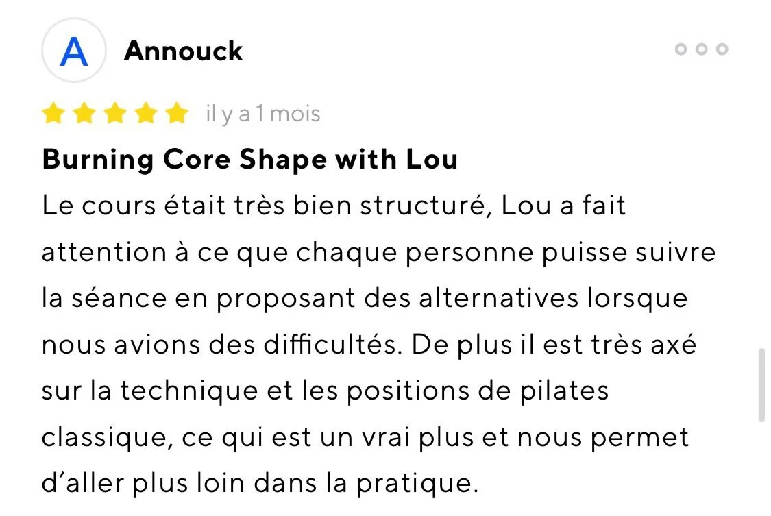 Avis 5 étoiles d’Annouck sur ClassPass, cours collectif Core Shape avec Lou Pozol