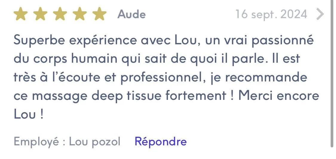 Avis 5 étoiles d’Aude sur Treatwell, massage deep tissue avec Lou Pozol
