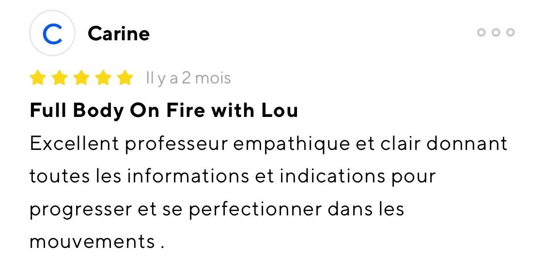 Avis 5 étoiles de Carine sur ClassPass, cours collectif Full Body avec Lou Pozol