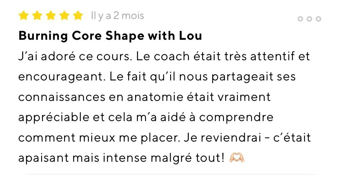 Avis 5 étoiles sur ClassPass, cours collectif Core Shape avec Lou Pozol