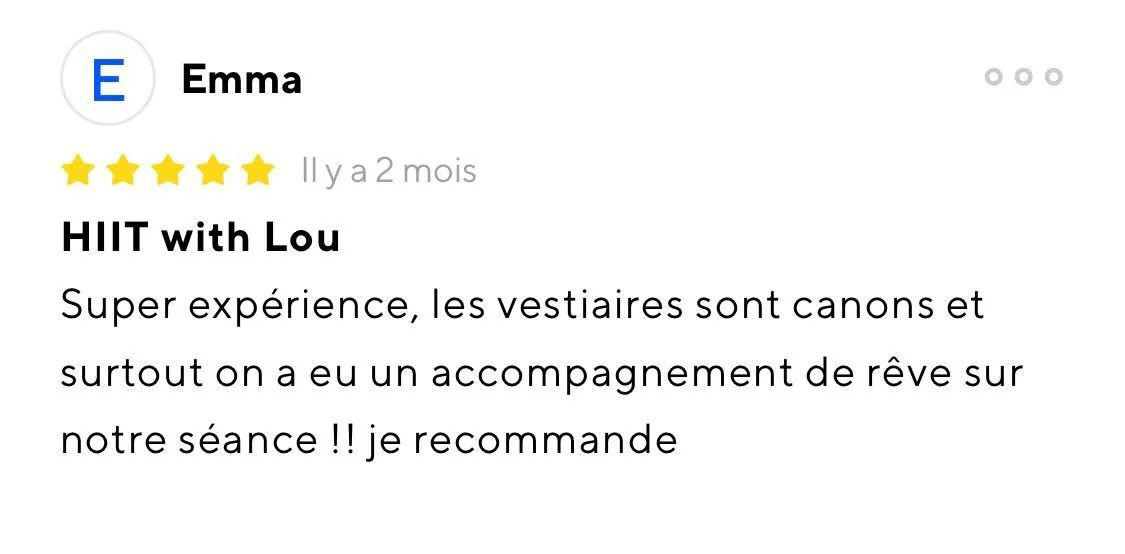 Avis 5 étoiles d’Emma sur ClassPass, cours collectif HIIT avec Lou Pozol