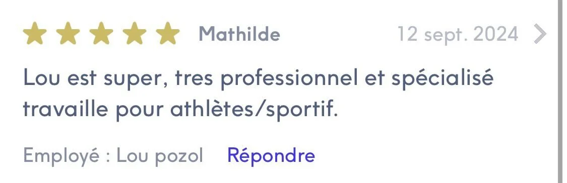 Avis 5 étoiles de Mathilde sur Treatwell, massage du sportif avec Lou Pozol