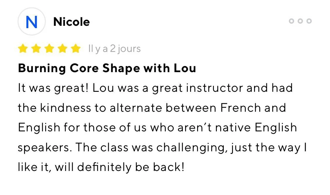 Avis 5 étoiles de Nicole sur ClassPass, cours collectif avec Lou Pozol