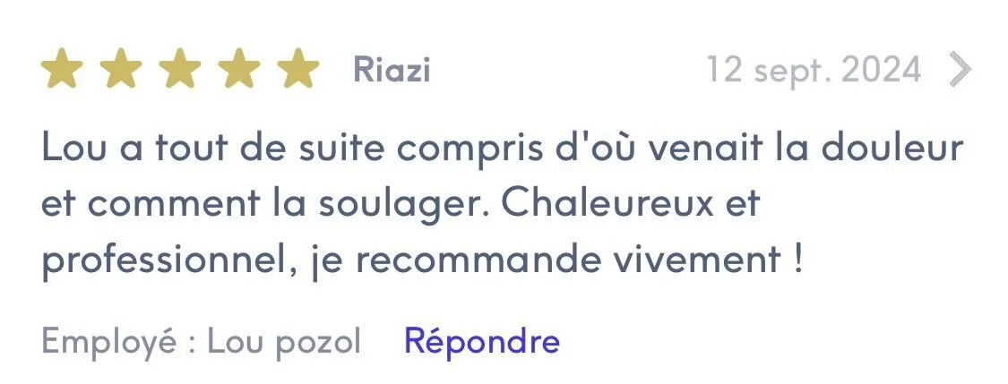 Avis 5 étoiles de Riazi sur Treatwell, réhabilitation avec Lou Pozol